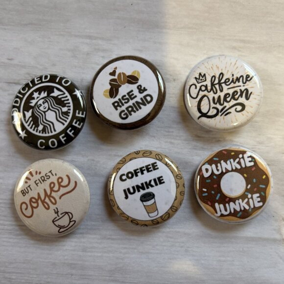 Coffee Lover Pinback Button Set 1" Caffeine Pins | Rise & Grind - Picture 2 of 3